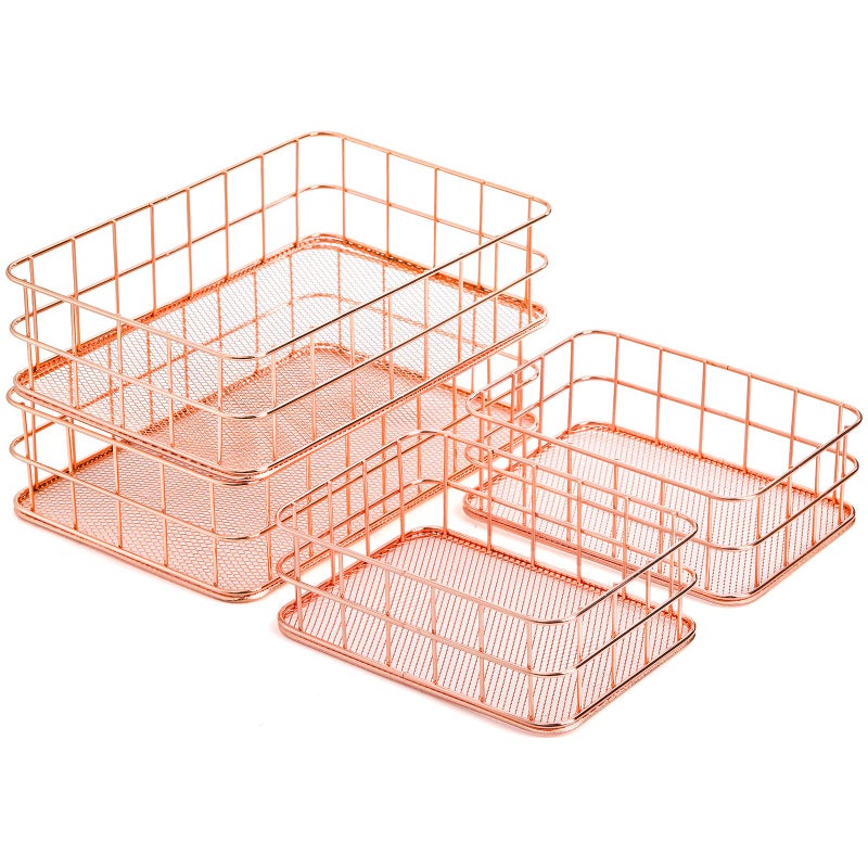 Hacaroa 4 Pack Rose Gold Wire Mesh Basket  Metal Desk Drawer Organizer Desktop Holder Tray for Cosmetic  Stationery  Magazines  Fruit Snacks  Home  School  Office  2 Size - Image 1